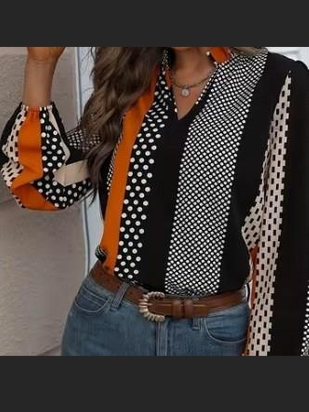 Striped & Polka Dot Mixed-Print Long Sleeve Blouse - Black & Orange